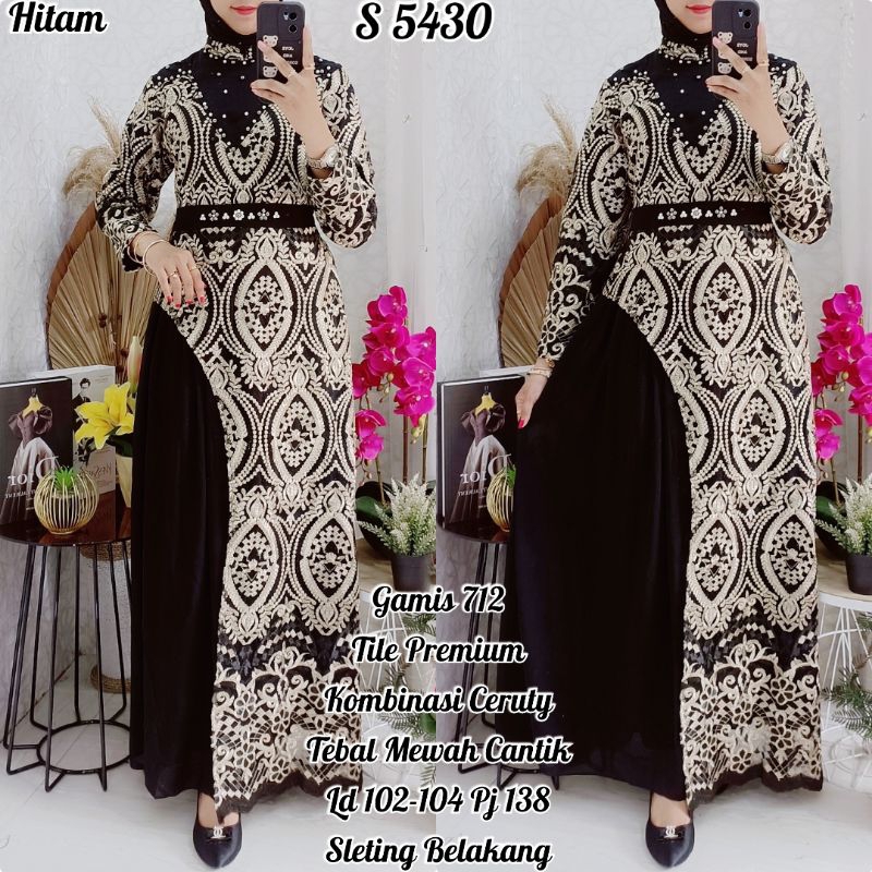 5430 Gamis Tile Kombi Ceruty Hitam mewah di pakai