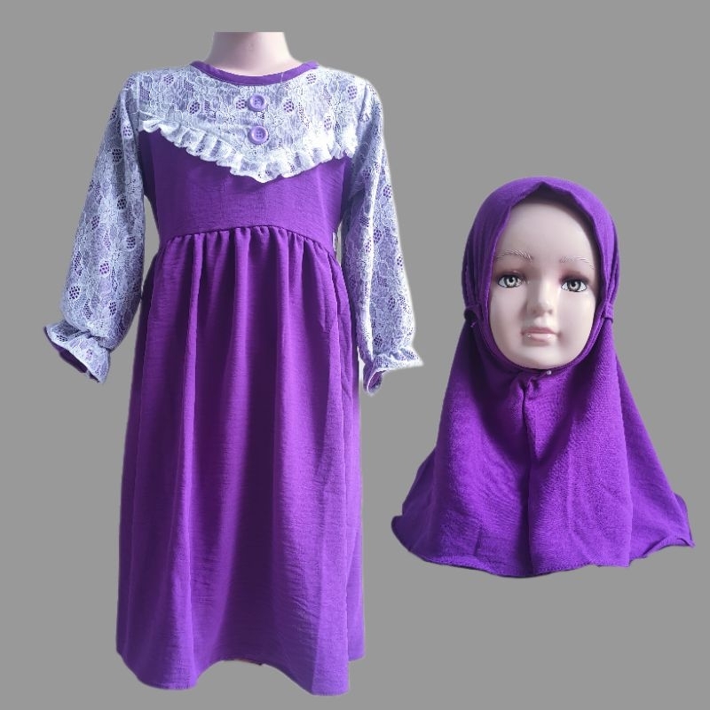 Gamis Anak 2 3 4 5 Tahun Anak Cewek Perempuan crinkle brokat gamis free hijab kekinian hijab jilbab lucu kekinian viral terbaru ( Gamis brokat putih free hijab )