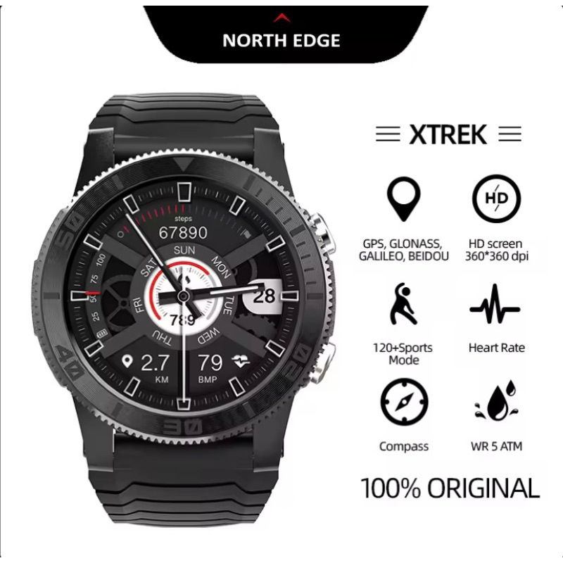 NORTH EDGE XTREK 5Jam Tangan Pintar GPS, Kompas Oksigen Darah 120 + Mode Olahraga Tahan Air 50M Kompatibel dengan IOS Android