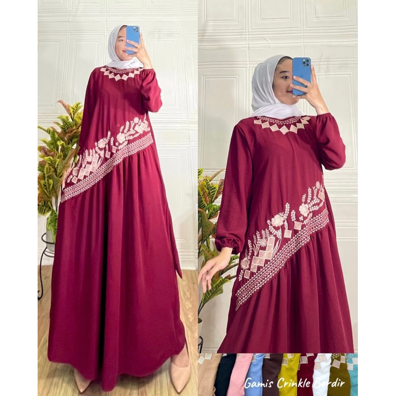 GAMIS LEBARAN BORDIR PESTA MEWAH MURAH ACARA KANCING BORDIR BUNGA MURAH POLOS CRINKLE NANCY