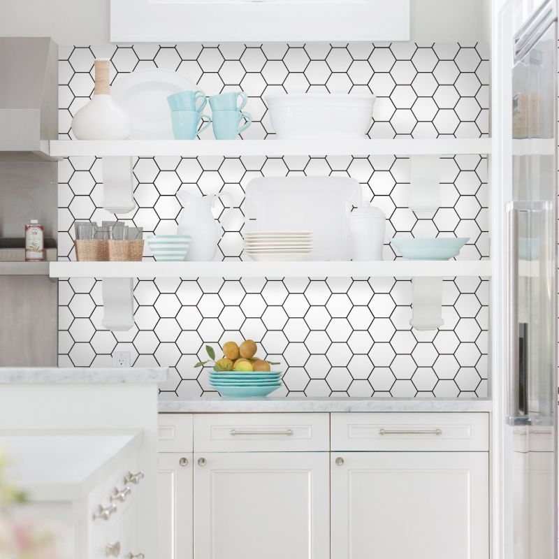WALLPAPER HEXAGON PUTIH STIKER DINDING DAPUR PREMIUM BACKSPLASH