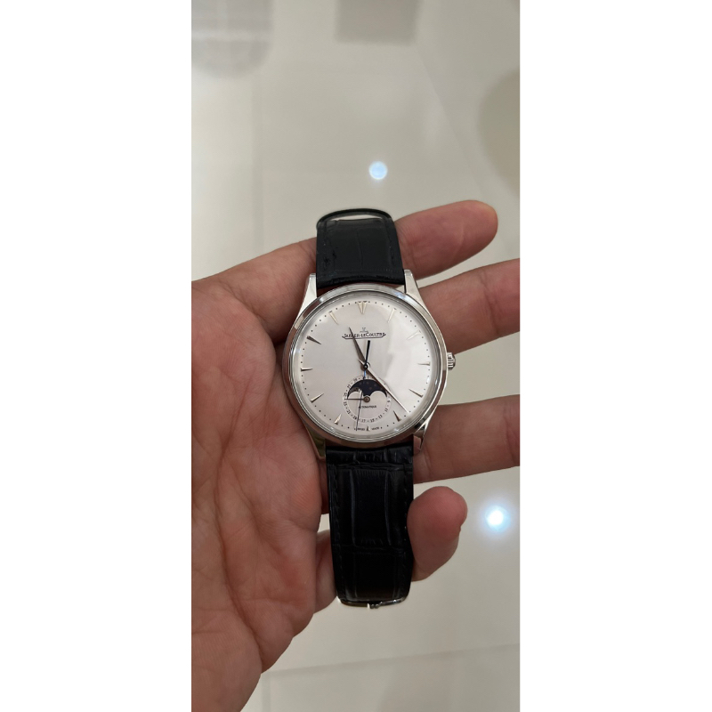 JAEGER LE COULTRE JLC Master Ultra Thin Moonphase White Dial SS on Black Leather St JAM TANGAN MURAH
