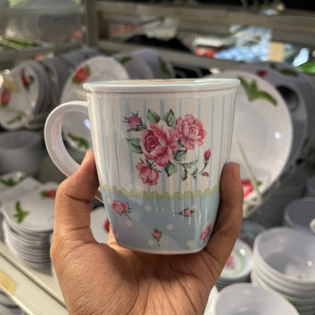 Gelas Melamin Shabby Chic Bunga Hijau/Biru
