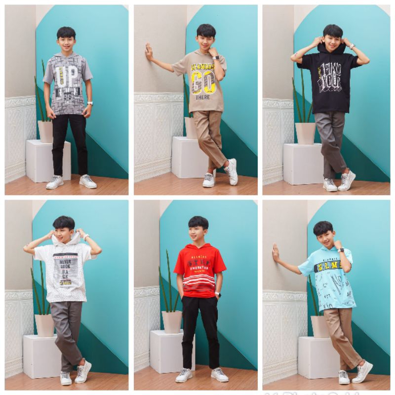 Setelan Kaos Hoodie Anak Laki Laki Lengan Pendek GL Glamoas  Set Hoodie Casual
