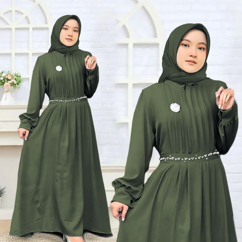 GAMIS SYARI HANUM PESTA MEWAH BAJU GAMIS WANITA REAL PIC SIZE L BUSUI KLOK 4M MERAH PUTIH SILVER
