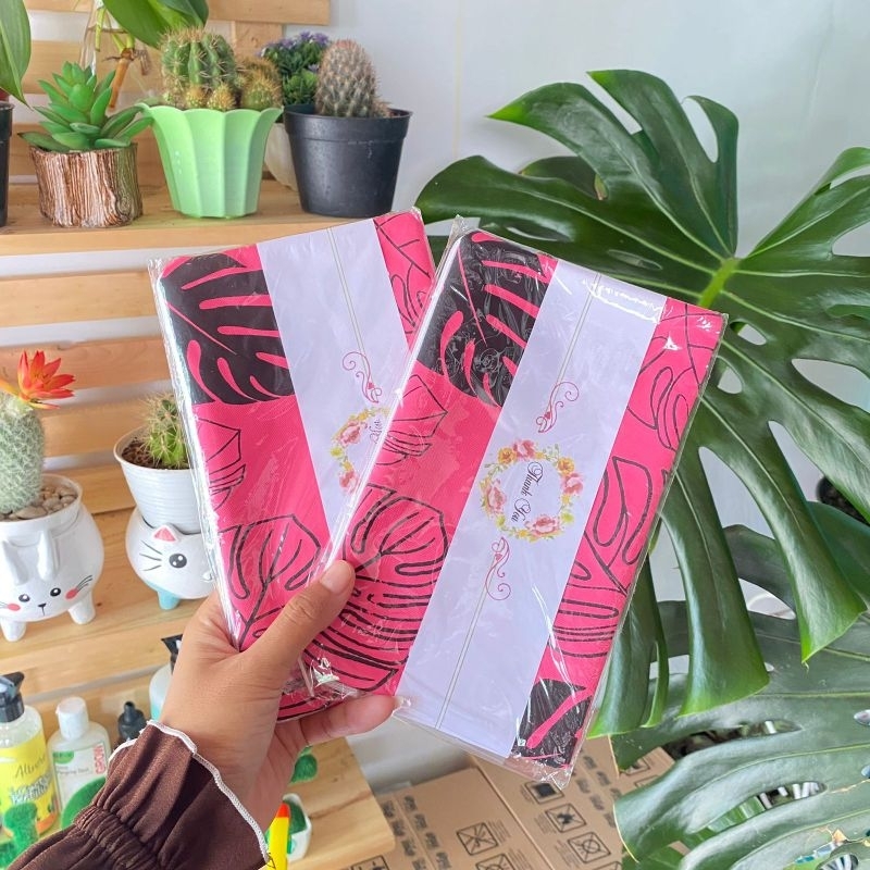 SOUVENIR  PERNIKAHAN ULTAH KHITAN TASYAKURAN POUCH SEMI KANVAS MOTIF MONSTERA PINK FREE PACK PLASTIK THANK CARD THANK YOU  20X12  READY SIAP KIRIM