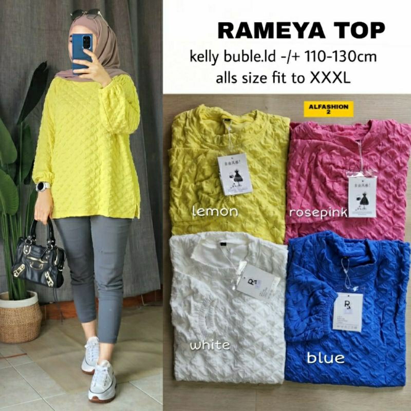 Rameya Top, BLOUSE WANITA CANTIK MODIS FIT XXXL LD 110-130 BAHAN KELLY BUBLE IMPORT TERMURAH OOTD KEKINIAN