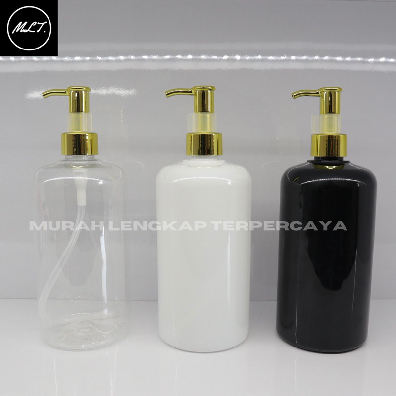 BOTOL PUMP 500ML BOTOL PET 500ML TUTUP PUMP LOTION BOTOL HANDSOAP 500ML PLASTIK LUXURY GOLD CLIP OIL LOTION PUMP HITAM PUTIH CLEAR BENING WHITE BLACK PET 500 ML NECK 24 N24