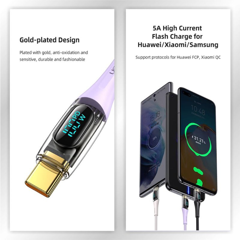 USAMS Shadow Series Kabel Data Type-C to Type-C PD 100W Transparant Digital Display