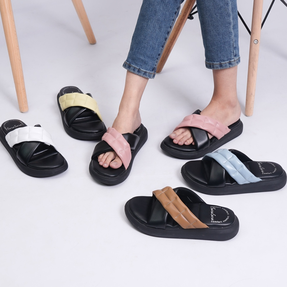 SARASARA YUK - NONNA Sandal Wanita Wedges Silang Tinggi 3cm Size 36 - 40 Casual Sendal Cewek Platform 37 38 39 untuk Jalan Pergi Santai Slop Warna Black Hitam Putih White Selop Premium Original Sara Sara Kekinian Terbaru Shoes ORI Mall Official Store