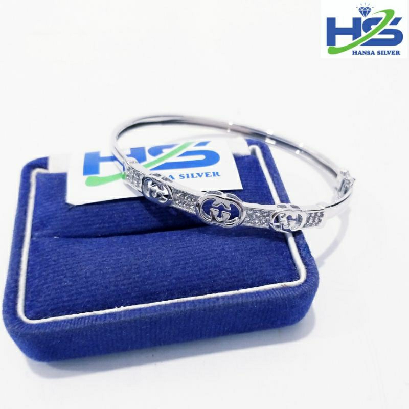 Gelang Perak Wanita Asli Silver 925 Lapis Emas Putih Model Bangle Guci Bentuk Oval - Gelang Perak Wanita Anti Karat