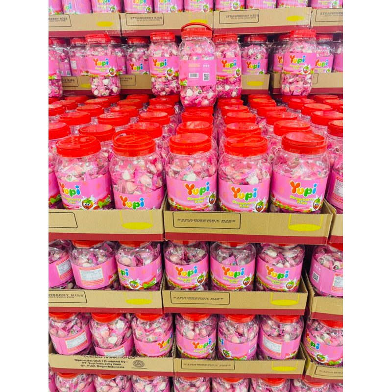 

{ ECER 1 TOPLES } Permen Yupi Strawberry Kiss Jar 300gr Toples termurah