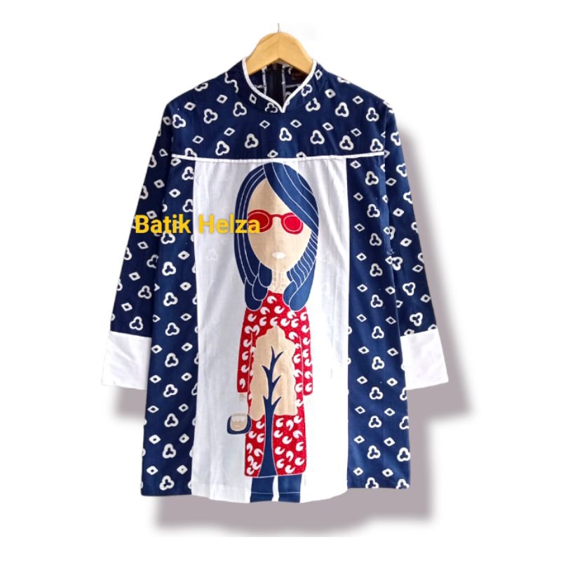 Tunik Dres batik kombinasi wanita modern solo bahan katun jahitan rapi lengan panjang warna navy