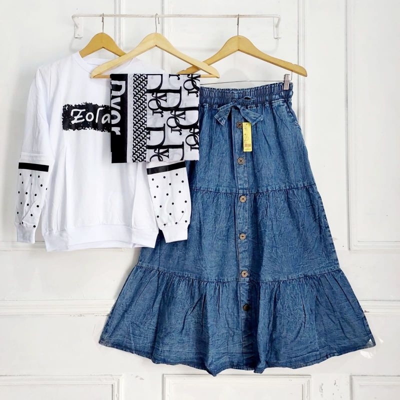 SETELAN ROK JEANS SET KAOS COMBED + JILBAB SEGIEMPAT VOAL