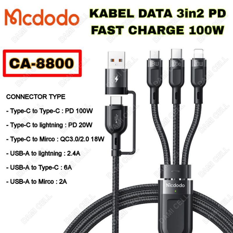 KABEL DATA 3IN2 PD SUPER FAST 6A ( Type-C + Lightning + Micro USB ) MCDODO CA-8800