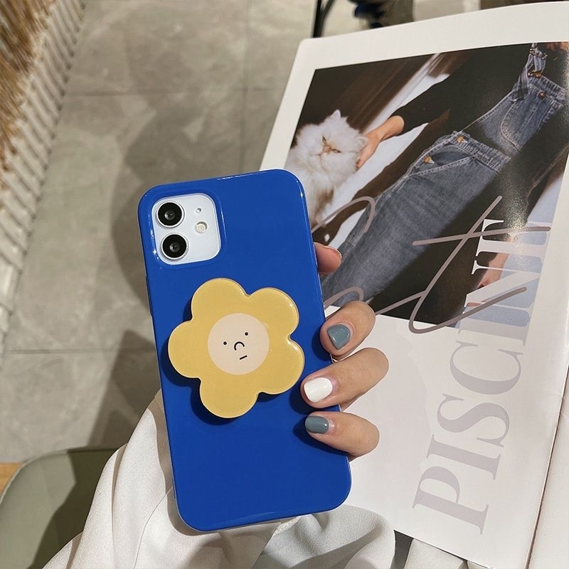[PANPAN] CASING IPHONE SOFTCASE WARNA BIRU GLOSSY 2IN1 DENGAN POPSOCKET BUNGA LUCU 2IN1 (CASE+POPSOC
