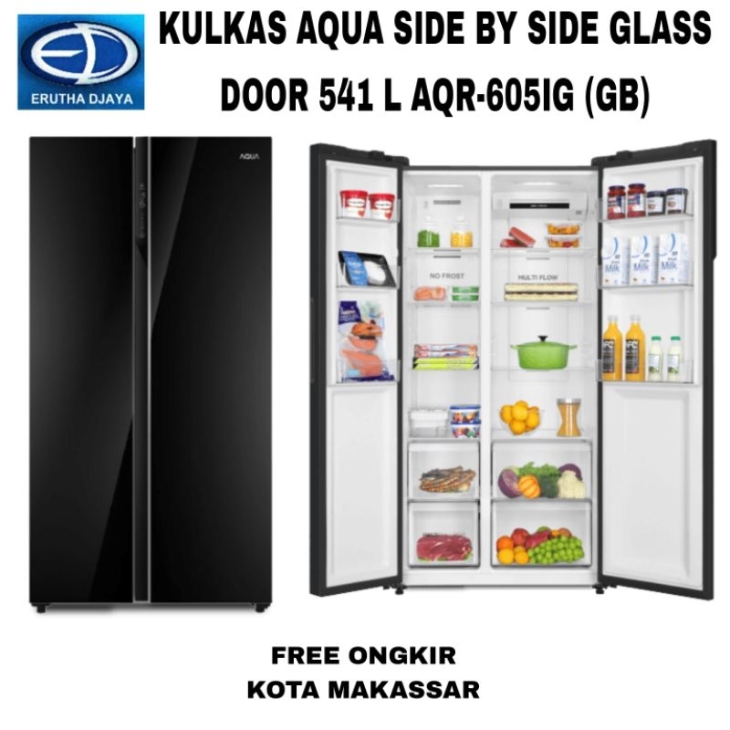 kulkas aqua side by side glass door 541 l aqr605ig gb