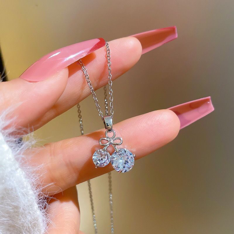 Kalung Titanium Silver Cherry Diamond Korea Elegan Fashion Style