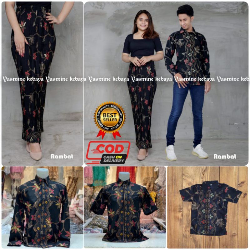 Couple Rok Plisket Dan Lilit Jumbo Set Kemeja Batik Pria / Baju Batik Couple Motif Rambat Hitam / Co