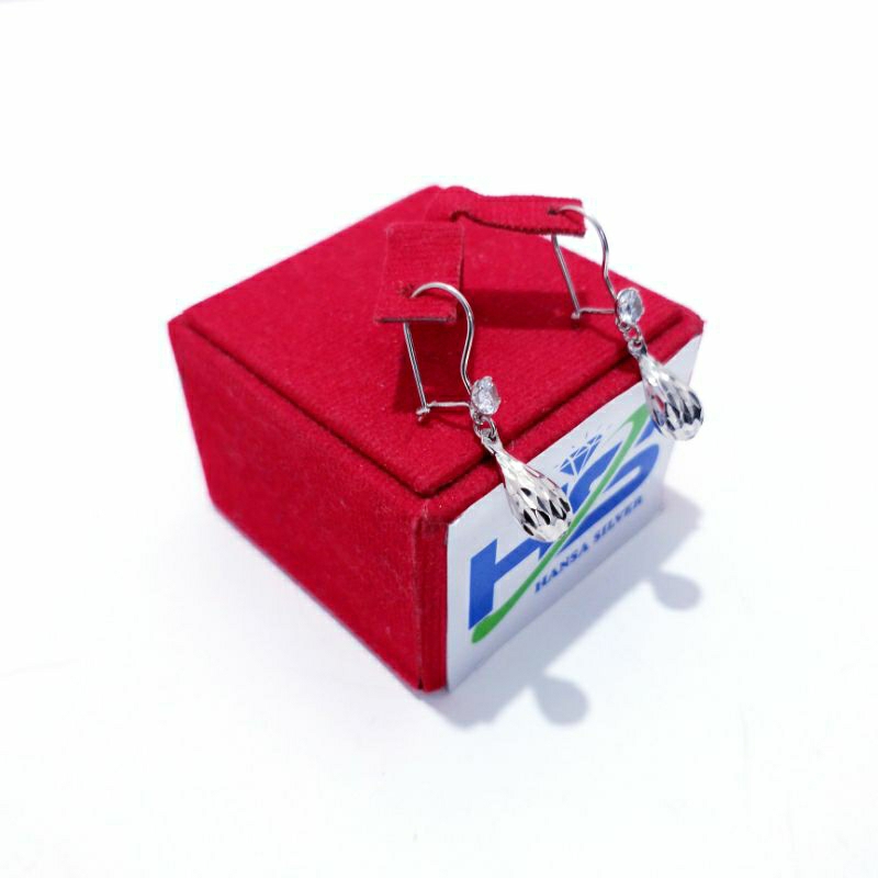 Anting Perak Wanita Silver Asli 925 Lapis Emas Putih Model Agogo Lojong Ukir - Anting Wanita Anti Karat