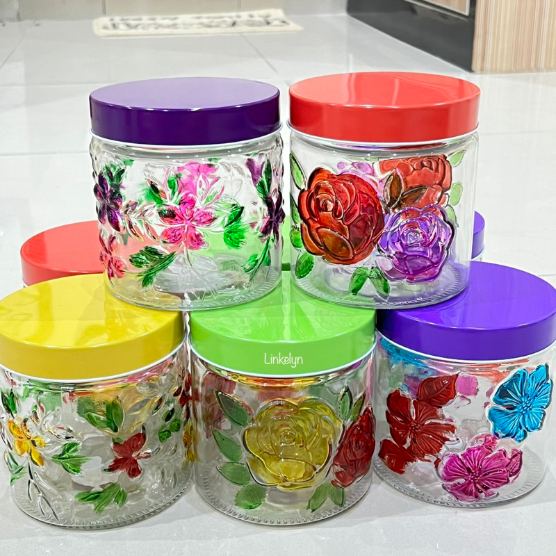 Toples Kaca Motif Bunga Random 850ml Toples Kue Kering Lebaran Cantik