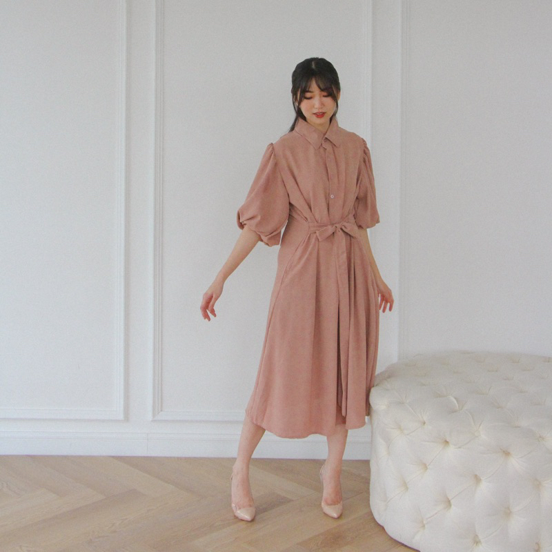 KANON - Maeda Shirt Dress - Dress kemeja midi lengan balon vintage korean look