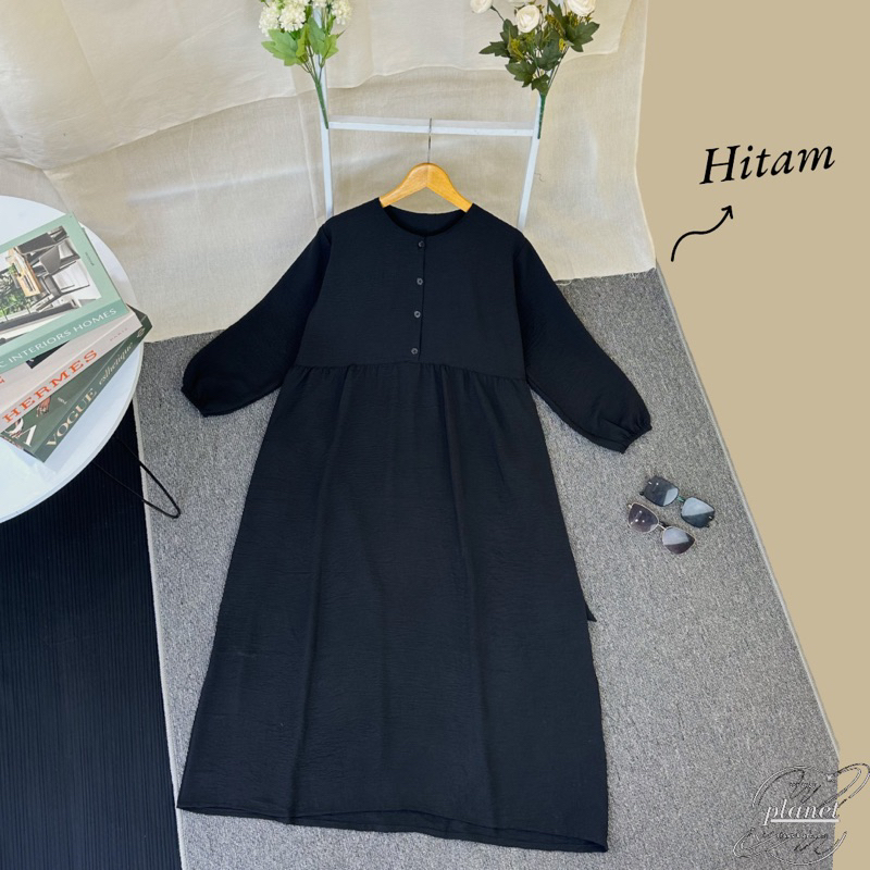 GAMIS POLOS KANCING LD 126 WANITA DRESS BASIC POLOS HITAM PUTIH GAMIS BUSUI GAMIS CRINKLE AIRFLOW LENGAN PANJANG KERUT MURAH GAMIS JUMBO BIG SIZE