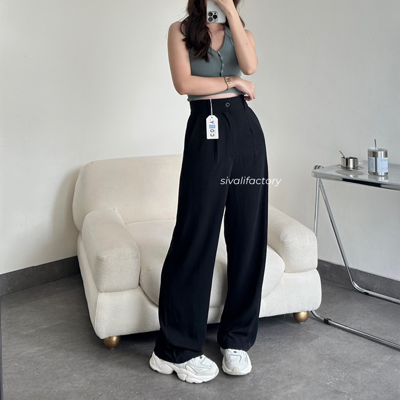 SIVALI Elodie Pants - Celana Kulot Highwaist Crinkle Loose Cullote Pants Petite Friendly Cozy Office Pants - Celana Wanita Kantor Casual 2023