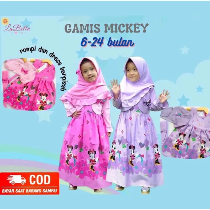 LABELLA GAMIS BABY BALITA USIA 6-24 BULAN GAMIS BALERO MOTIF MICKEY MOUSE DRESS LEKTON OUTER LENGAN 