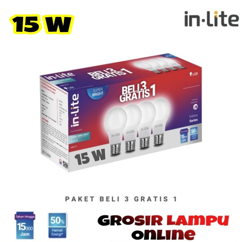 Led Paket In Lite 15w - Lampu Led Pack InLite 15 Watt 3 Gratis 1