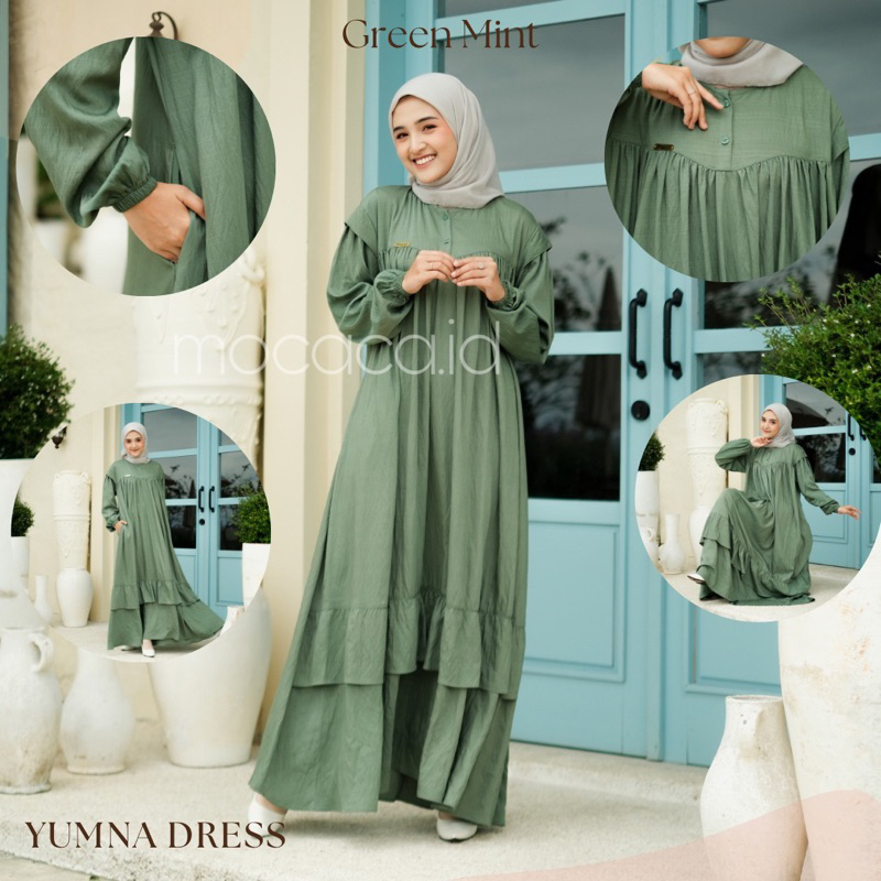 Gamis Lebaran Yumna Dress dari bahan Polo linen kancing busui friendly ada variasi remple di pundak dan rok saku lengan karet - green hijau mint semen