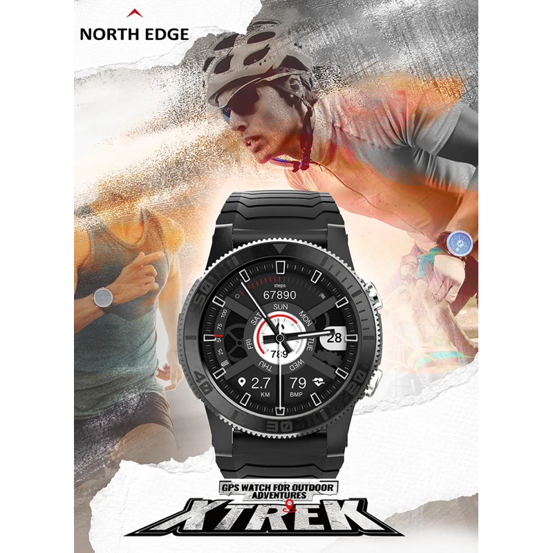 NORTH EDGE XTREK 5Jam Tangan Pintar GPS, Kompas Oksigen Darah 120 + Mode Olahraga Tahan Air 50M Kompatibel dengan IOS Android