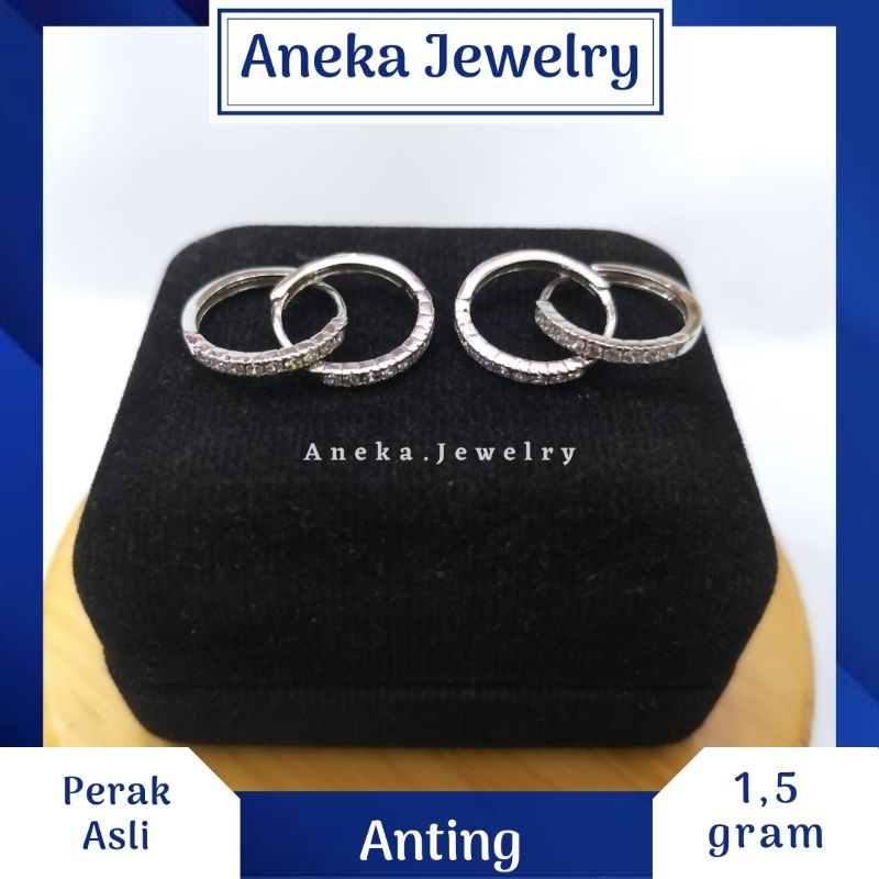 Anting Donat Listring Mata Baris, Sepuh Emas Putih, Perak 925