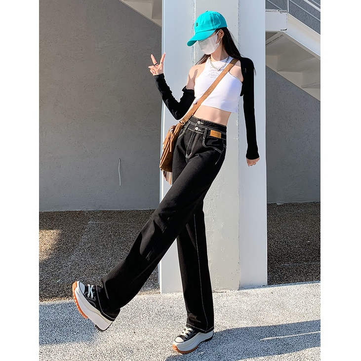 Hitam Highwaist Kulot Straight Loose Celana Panjang Jeans Wanita Kekinian Korean