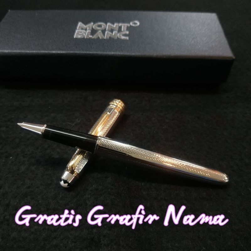 

Sign pen pulpen mewah Montblanc meisterstuck silver gold trim gratis grafir nama