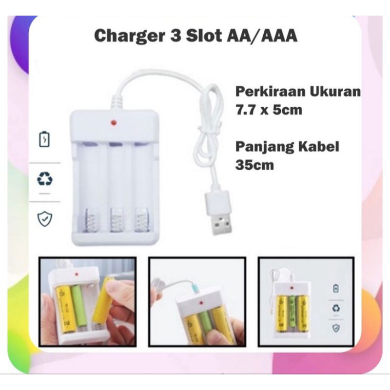 Charger Baterai 3 Slots AA/AAA port USB