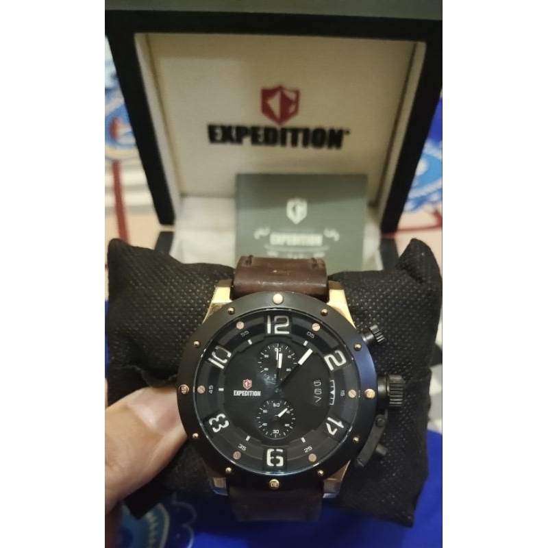 JAM TANGAN EXPEDITION E6381M LEATHER BROWN GOLD AND BLACK CHAIN