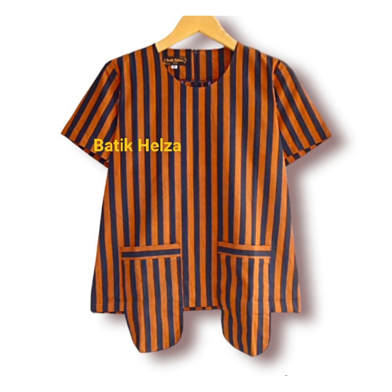 blus batik wanita modern solo bahan katun motif lurik coklat lengan pendek jahitan rapi
