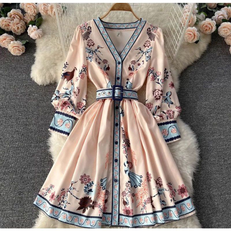 DRESS MOTIF BUNGA MIX BELT FASHION IMPORT TERBARU