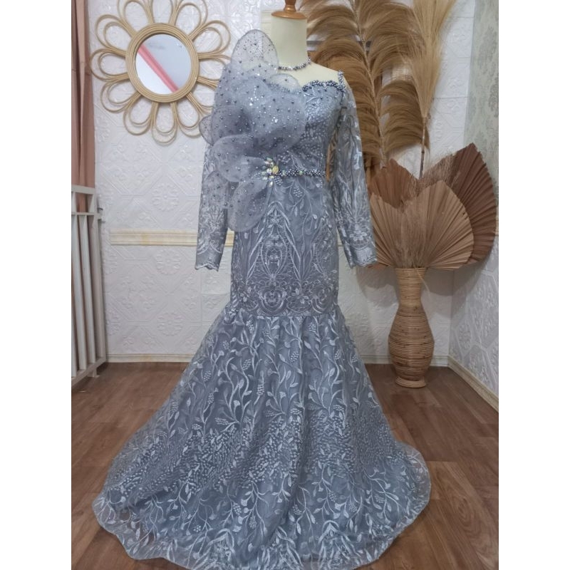 Dress mermaid tile motif peplum daun