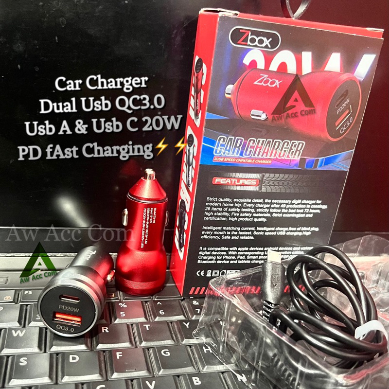 CAR CHARGER MOBIL DUAL PORT USB A &amp; USB C 20W PD FAST CHARGING QC3.0 QUICK CHARGE 3A