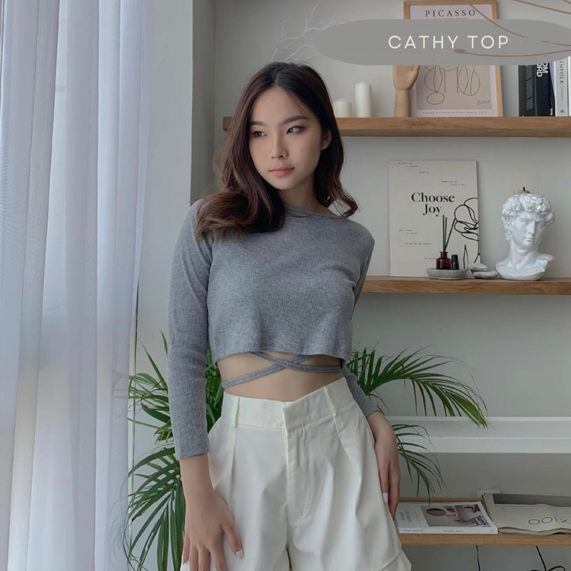 CATHY LONG SLEEVE CROP TOP SUMMER KOREA - CROP TOP STRETCHY PREMIUM - ATASAN TANGAN PANJANG SEXY WANITA TALI - CASUAL OUTFIT KOREA - HADIAH / KADO ULTAH CEWEK