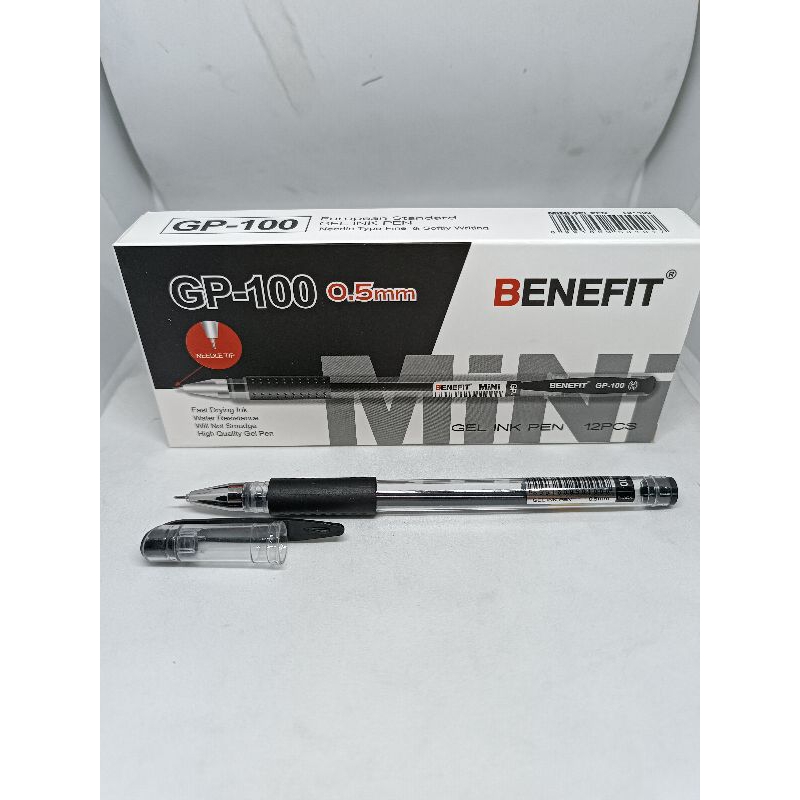 pulpen gel hitam tajam gp 100 Benefit 0.5mm 1 kotak isi 12 pulpen