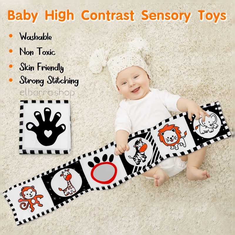 Mainan Edukasi Sensori Buku Kain Panjang Mirror Gantung Hitam Putih Kontras Boks Tempat Tidur Bayi Crib Bumper Cloth Soft Book Black White High Contrast Montessori Softbook Tummy Time Baby Folding Book Buku Bantal Lipat Cermin Kado Bayi