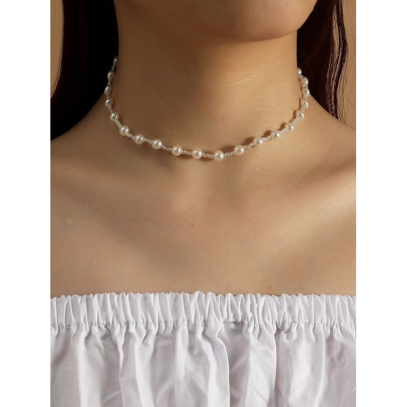 Bethany Korean Pearl Choker Glass Beads Necklace Kalung Mutiara Manik Glossy Gaya Korea Style