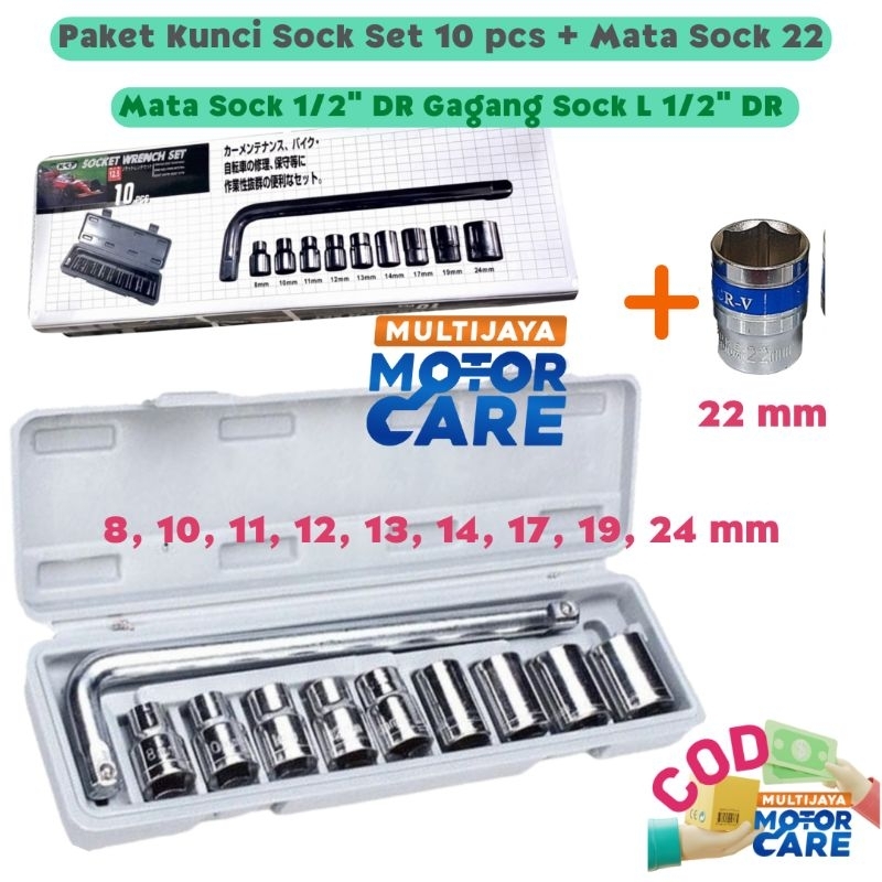 Socket Wrench Set Kunci Shock Sok Set 10 Pcs  Motor Mobil Gagang 1/2 Inch Mata Shock 8 10 11 12 13 14 17 19 21 22 24 mm
