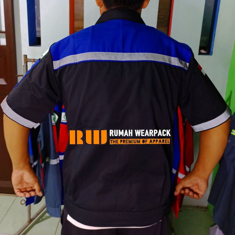 Wearpack Kerja/ Baju Proyek Lengan Pendek Warna Hitam Kombinasi Biru Benhur
