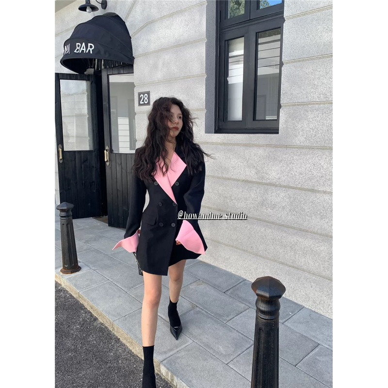 South Korea's 2023 spring new design sense waist slimming double-breasted color matching long-sleeve