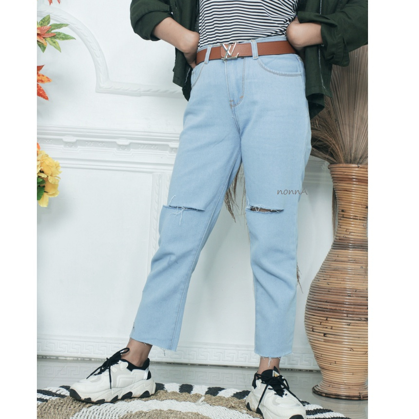 CELANA HIGHWAIST SOBEK LUTUT GARIS RIPPED JEANS PANJANG WANITA CEWEK ROBEK SILET