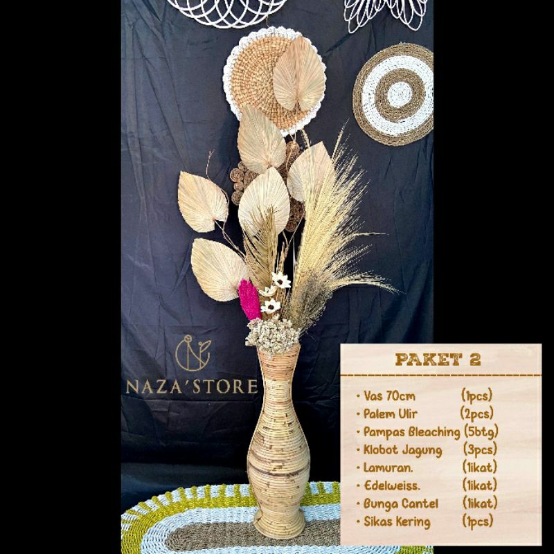 SET DAUN PAMPAS RAYUNG PALEM KERING DENGAN POT ROTAN 70CM